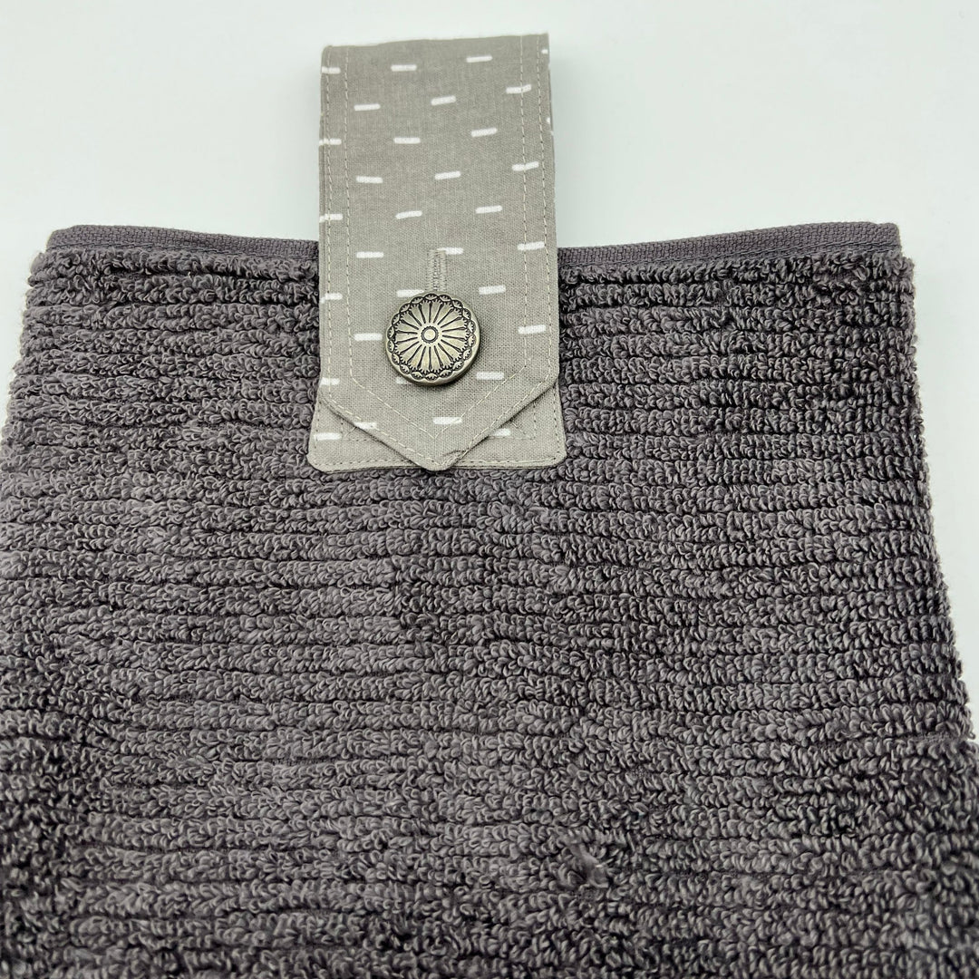 Charcoal ribbed hanging hand towel, oven hand towel, laundry hanging hand towel, kitchen hand towel.  Full hand towel with matching fabric tag to loop, with button to close.