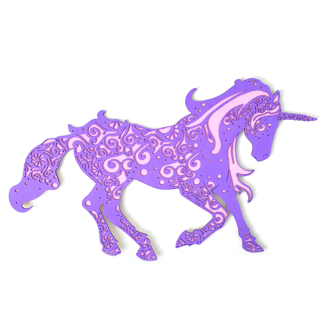Unicorn, pink and purple layered.  Mandala style unicorn.  Pink and purple unicorn wall art.  Unicorn decor.