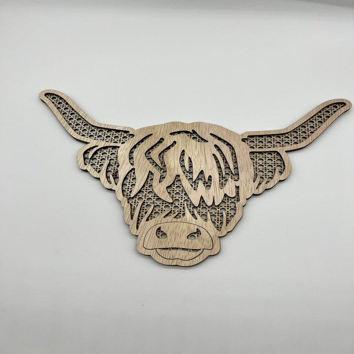 Highland Cow rattan layered wall art.