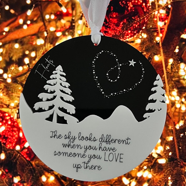 Memorial ornament, The sky looks different quote, In memory personalised bauble