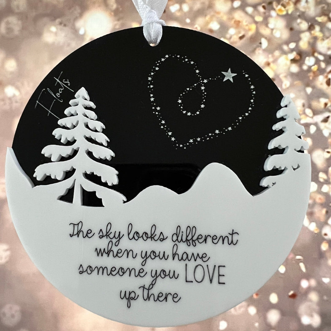 Memorial ornament, The sky looks different quote, In memory personalised bauble